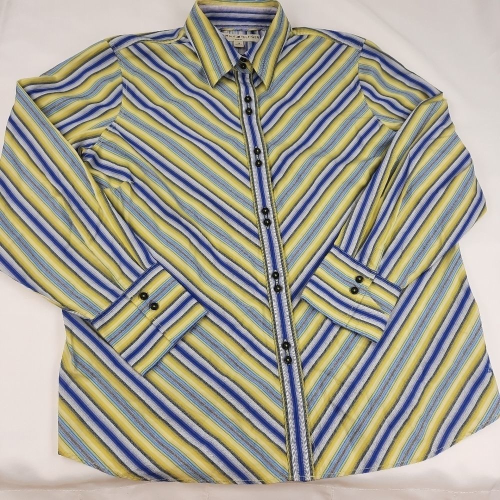Tommy Hilfiger blouse womens 16 cotton double button diagonal stripe blue yellow
